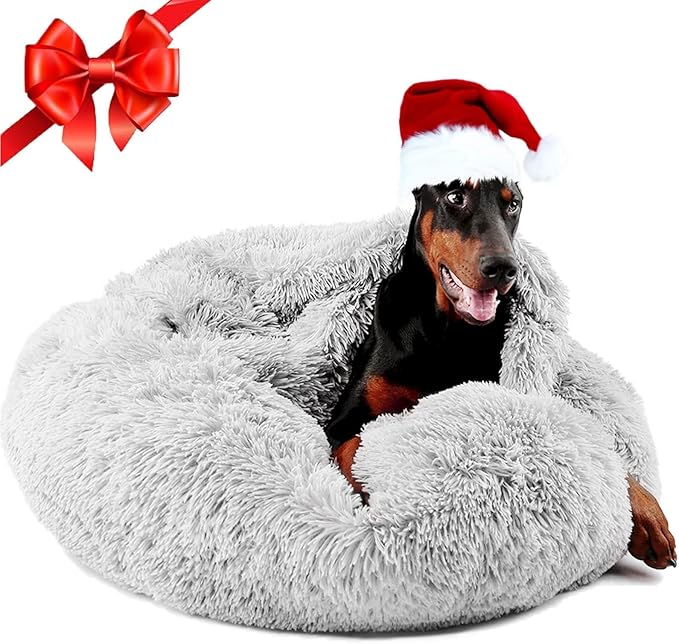 Himax Donut Dog Beds for Large Dogs with Blanket, Cozy Soft Fluffy Round Dogs Beds, Calming Dog Bed Washable (20"/26"/35") Light Grey