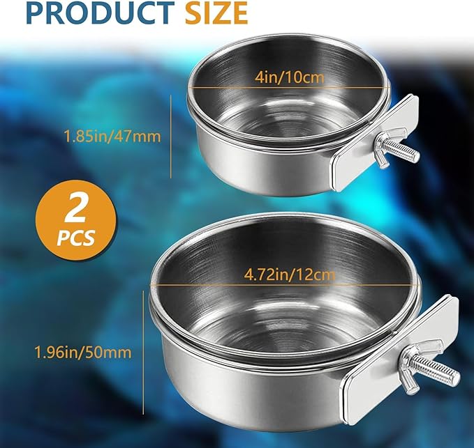 2Pcs Stainless Steel Bird Feeding Bowls, Small Bird Feeding Cup, Stainless Steel Parrot Food Bowl Cage with Holder, Parrot Cage Water Feeder, Pet Cage Cup Holder