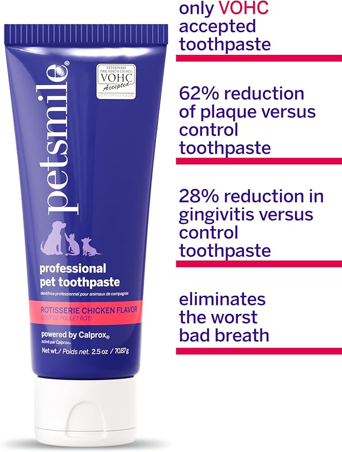 Petsmile Professional Pet Teeth Brushing Kit for Cats & Dogs - Only VOHC Accepted Toothpaste & Patented Toothbrush - Proven to Control Plaque & Tartar Calprox Formula (Rotisserie Chicken, 2.5 Oz)