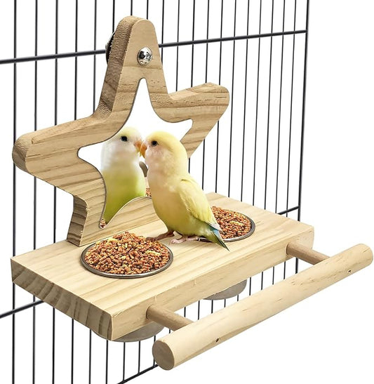 Tfwadmx Parrot Wooden Feeding Cups with Wooden Platform Stainless Steel Birds Bowls Food Water Bowls with Bird Food Holder for Cockatiel Conure Budgie Parakeet Macaw Lovebird