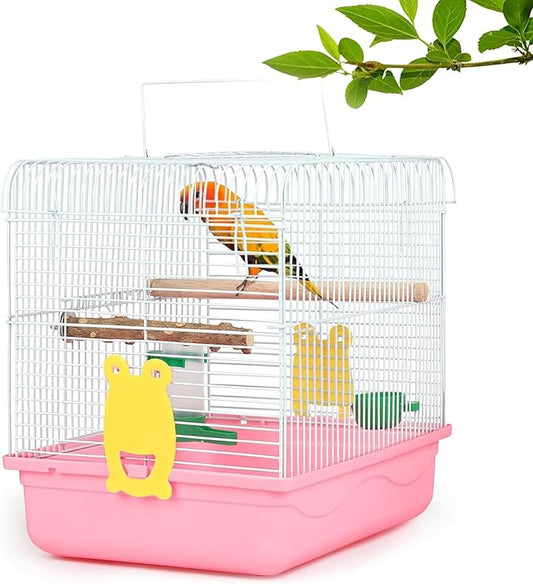 Small Bird Cage, Lightweight Travel Birdcages for Cockatiels - Cage Starter Kit with Stand Accessories for Parakeets Parrot Lovebirds Parrotlets Finches Canaries and More Small Animals, Pink