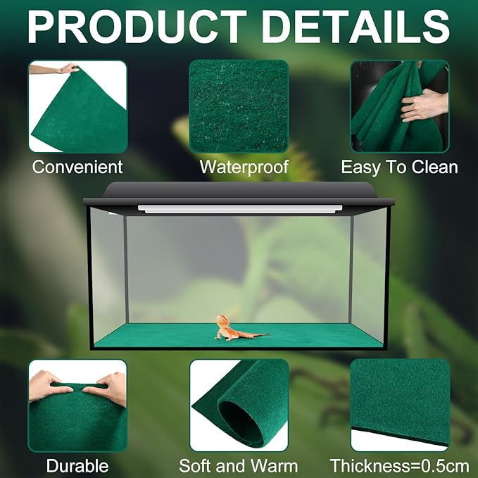 Haull 4 Pcs 24 x 47 Reptile Carpet Pet Terrarium Floor Liners Bedding Substrate Liner Supplies Reptile Cage Mat Tank Accessories for Lizard Bearded Dragon Tortoise Snake Leopard (Green)