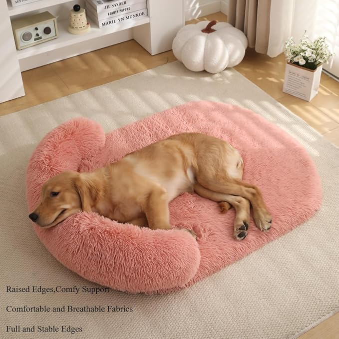 Calming Dog Bed - Fluffy Plush Mat with Removable Washable Cover | Furniture Protector for Large Dogs & Cats(Pink,21.65X15.75X4.33in)