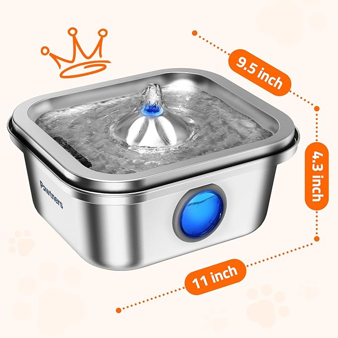 Cat Water Fountain Stainless Steel, 4L/135oz Pet Fountain, Automatic Dog Drinking Dispenser with Water Level Window, Filter, Quiet Pump, Silver