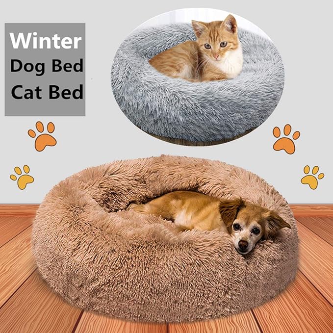 huraty Plush Calming Dog Bed, Faux Fur Donut Cuddler Bed for Cats, Anti-Skid & Anti-Anxiety, 20 Inch for Puppy and Kitties, Black, S