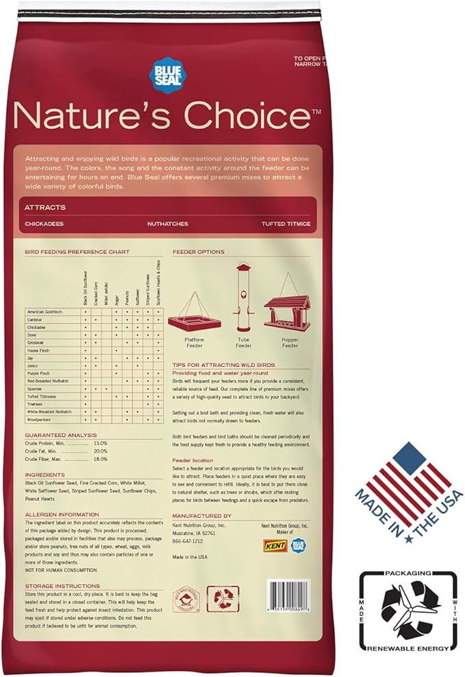Blue Seal Song Nature's Choice Wild Bird Seed | High Energy Mix, No Filler | Sunflower and White Safflower Seeds | Attracts Variety of Wild Outside Birds | Shell-Free Mix | Made in USA | 8 Pound Bag