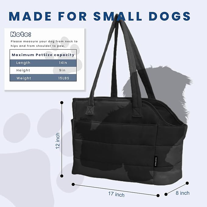 Lightweight Dog Purse Carrier for Small Dogs Under 15 lbs, Puffy Quilted Pet Carrier Tote for Puppies with Safety Leash Clip, Women's Hands-Free Dog Carrier Bag for Travel/Shopping (Black)