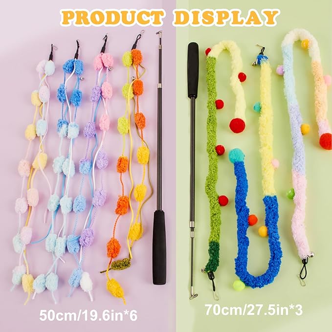 Cat Wand Toy, 9Pcs Retractable Plush Srtip Cat Teaser Wand Toys with Bell & String, Long Interactive Wand Toys for Indoor Kitten, Exercise