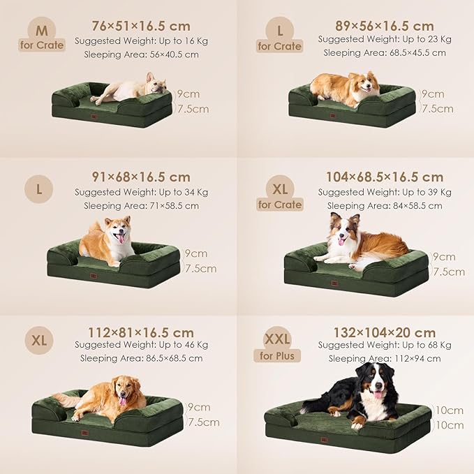 EHEYCIGA Orthopedic Dog Bed for Medium Dogs, Waterproof Memory Foam Medium Dog Beds with Sides, Non-Slip Bottom and Egg-Crate Foam Pet Couch Bed with Washable Removable Cover, Dark Green