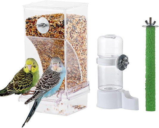 IBWell Set of 3 Automatic Bird Feeders and Waterers for Cage, No Mess Seed and Parrot Water Dispenser, Perch for Cages