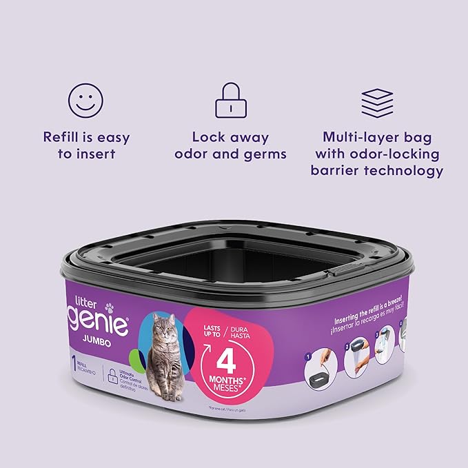 Litter Genie Refill Bags | Jumbo 2-Pack, 56 Total ft | Up to 8 Months of Supply in 2 cartridges | Ultimate Odor Control Cat Litter Bags