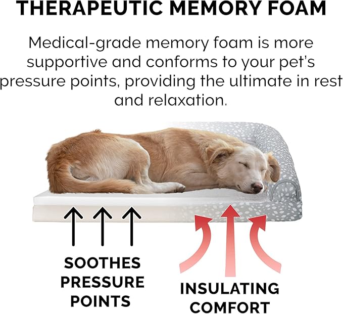 Furhaven Memory Foam Dog Bed for Large Dogs w/ Removable Bolsters & Washable Cover, For Dogs Up to 125 lbs - Plush & Almond Print L Shaped Chaise - Gray Almonds, Jumbo Plus/XXL
