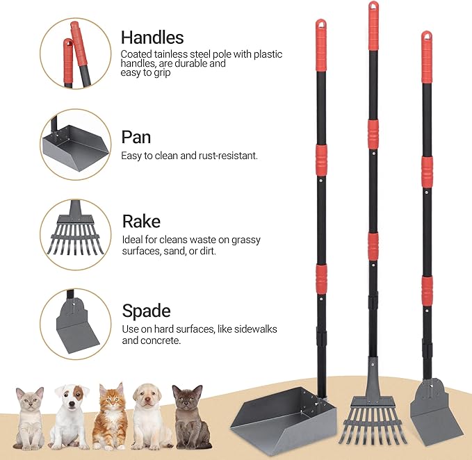 Heeyoo Dog Pooper Scooper, Dog Poop Tray and Rake Set, Pet Waste Removal Scoop with Long Adjustable Sectional Stainless Handles