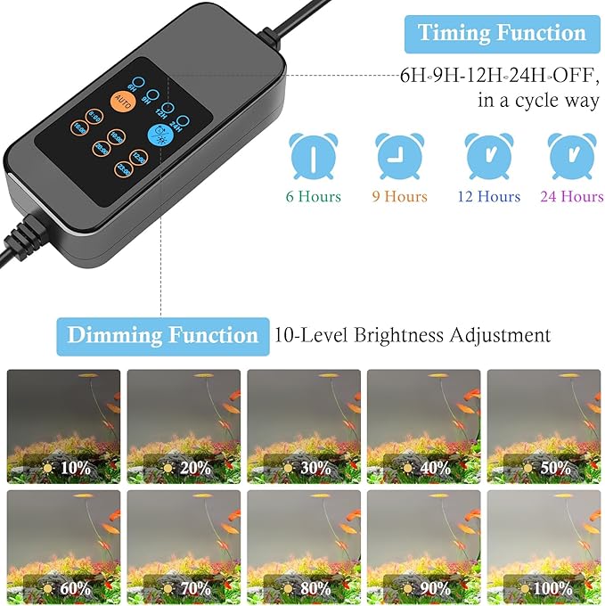 HITOP 12-18in Full Spectrum LED Aquarium Light with Timer, Auto 24/7 Lighting Cycle& 10-Level Brightness Adjustment, Fish Tank Light for Plant Growth, with Extendable Brackets