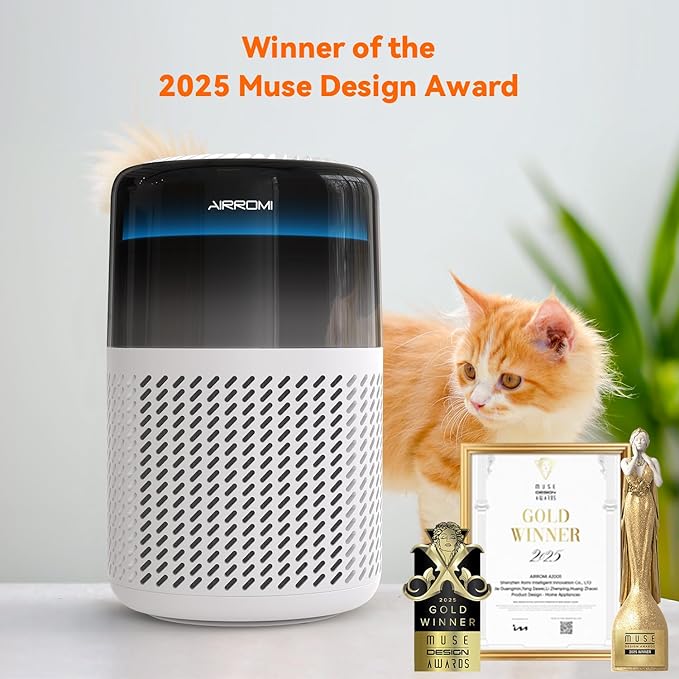 AIRROMI Air Purifier for Bedroom Home,HEPA Filter,Covers Upto 549 Ft²,Quiet 360°intake Air Cleaner with Fragrance ponge for Better Sleep,Night Light,Filters Smoke,Pet Dander,Allergies,Dust,A2005 White