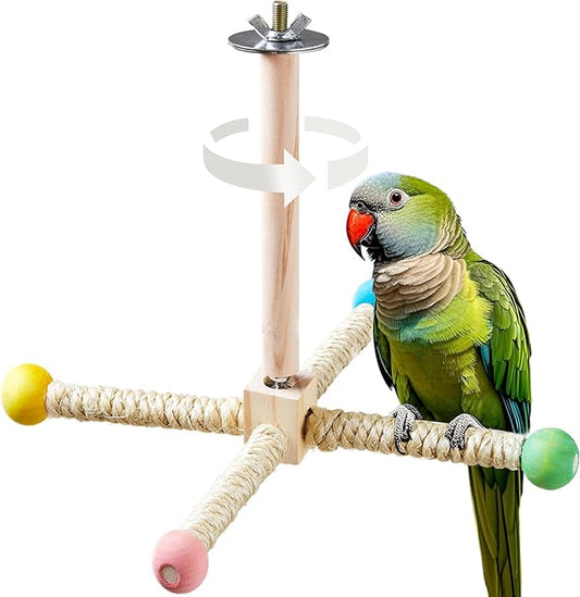 Large Bird Stand Perch Toy for Cage, Interactive Spinning Toys, Wooden Exercise Wheel Quaker Toy, Enrichment Bird Cage Accessories Perch Toys for Medium-Sized Birds Cockatiel Ring-Necked Caique (L)