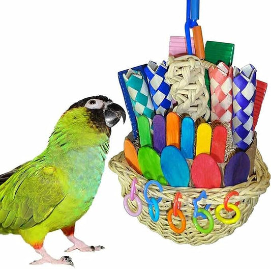 Super Bird Creations SB669 Wicker Foraging Basket Bird Toy for Parrots Cockatiels Ringnecks Medium Conures Quakers,Caiques Pionus - Crunchy Multi-Colored Textures - Medium Bird Size, 10” x 4” x 5”