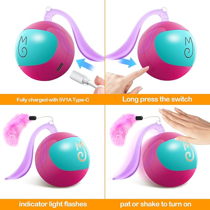 Migipaws Interactive Cat Ball Toy Set, Fun Tracker, Glowing Chase Ball with MystiChaser Pouch, Fluffy Tail, Small Mouse – Cat Toys for Bored Indoor Cats(Rose)