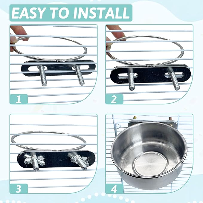 PINVNBY 2PCS Stainless Steel Bird Bowl Parrot Food Water Bowls with Clamp Holder Bird Feeder Dish Cups Crate Bowls for Cockatiel Pigeons Conure Budgies African Greys (Double Screws Size: L)