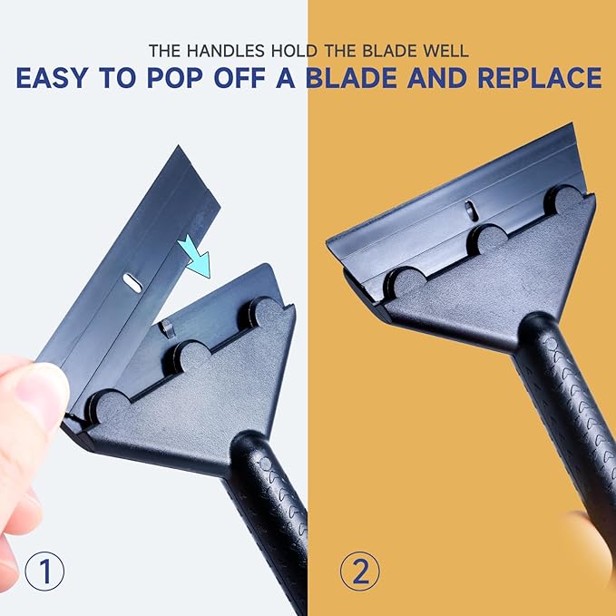 FOSHIO Long Handle Plastic Razor Blade Scraper - 10PCS Plastic Blades for Sticker, Label, Decal, Gasket, Residue Removal & Cleaning