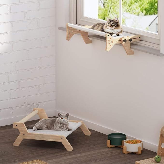 HOOBRO Cat Window Perch, Set of 2, Cat Window Hammock with Support Legs, Cat Hammocks for Indoor Use, Cat Beds with Soft Plush for Window and Floor, Natural NL44CS03