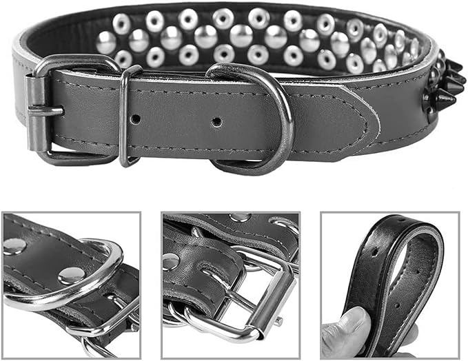 Spiked Studded Dog Collar, Genuine Leather Dog Collar, Adjustable Pet Collars for Medium Large Bulldog Pitbull Mastiff Poodle Boxer (L:37-47cm, Red-1)