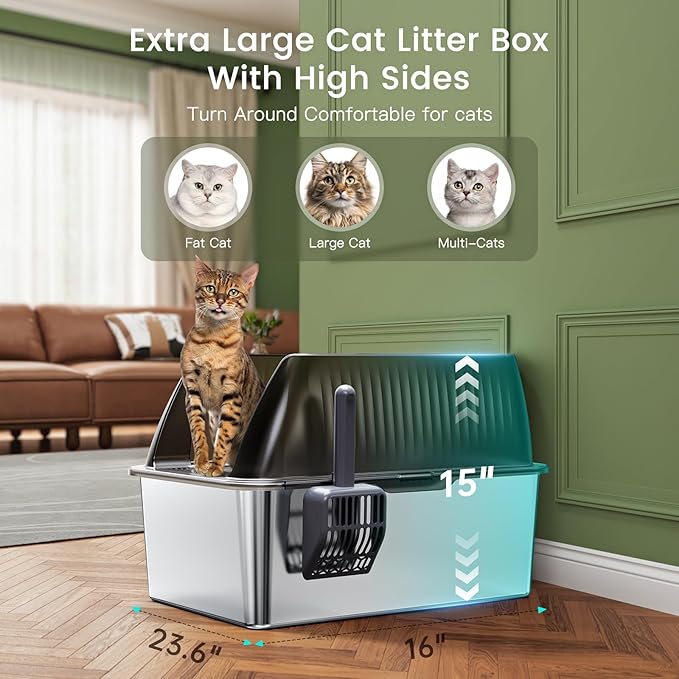 Tripamin 2PACK Stainless Steel Litter Box, 8" Metal Litter Boxs with Lid High Sides, XL Extra Large Litter Box for Big Cats, Leak-Proof, Easy Cleaning, Non-Sticky(Translucent Black)