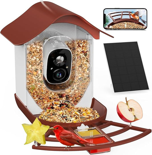 PeckCam® Smart Bird Feeder with Camera 2K HD Auto Detect & Notify, AI Identify 10000+ Birds Camera with Solar Panel 5 Perch Attachments Wireless Outdoor Birdwatching Gift for Birds Lover, Red