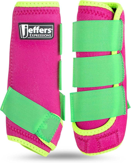 Jeffers Expression Neon Protective Horse Boots,1 Pair, Pink & Lime - Safe Neoprene Leg Guards, Durable Strap Closures, Front & Hind Support, Equestrian Accessories for Travel & Riding - Small