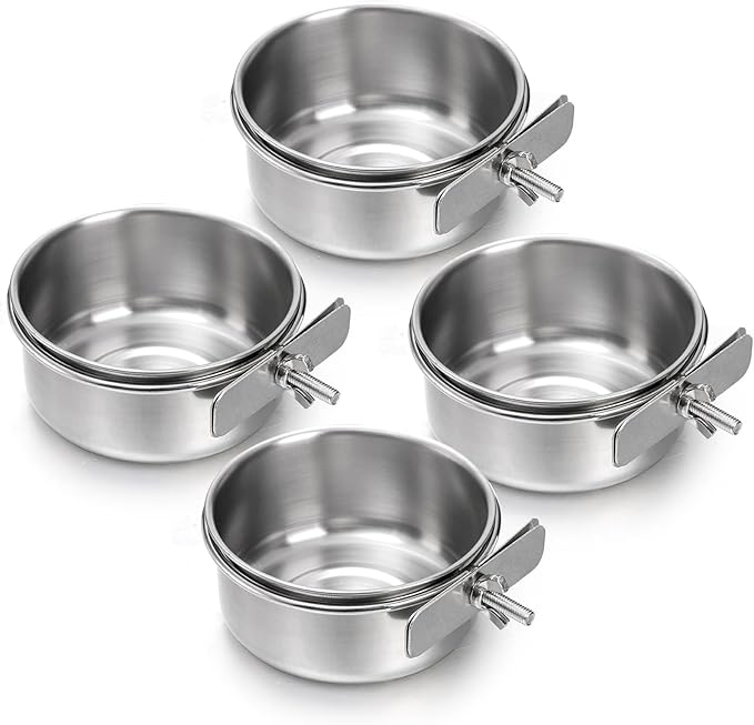 Okllen 4 Pack Bird Feeding Dish Cups, Detachable Stainless Steel Bird Food Bowls with Clamp for Chinchilla Parrot Cockatiel Conure Budgies Parakeet Small Animal
