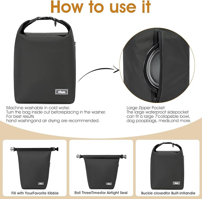 Pet Food Storage Bag，Dog Food Travel Bag with 2PCS Collapsible Dog Travel Bowls,Waterproof Kibble Storage Container for Road Trips, Camping (Black, Small)