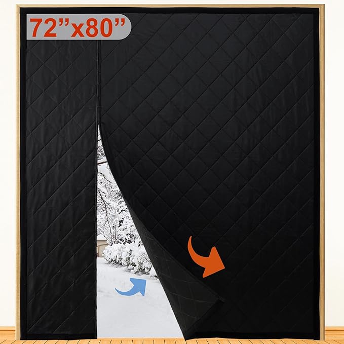 Reversible Wide Magnetic Thermal Insulated Door Curtain for Winter,Thicken Polyester Fiberfill & Heavy Duty Oxford Cloth,Temporary Window Insulation Cover Curtain for French Sliding Door,74”x81”