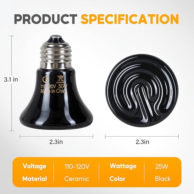HealSmart 50W Mini Reptile Heat Lamp Ceramic Heat Emitter, No Light Emitting Heat Bulbs, Suitable for Snake/Lizard/Spider, Plant Growth and Incubating Chicken, 2-Pack