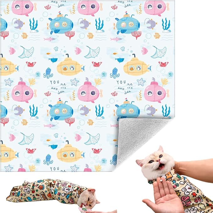 Cat Grooming Wrap, Self-Adherent Soft Cat Blanket to Wrap, Nail Clipping, Anti-Bite, Anti-Scratch, Anti-Escape Calming Wrap (Ocean, 3-6 lbs)