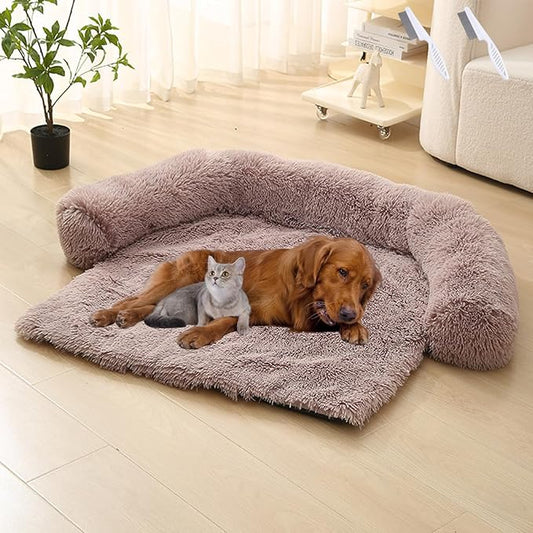 Dream Cloud Pet Sofa Bed for Dogs Cats, 2026 Washable Removable Calming Fluffy Plush Mat for Furniture Protector, Long Fur Non-Slip, for Small/Medium/Large Home Pets (Khaki, L: 37.4 * 33.5IN)