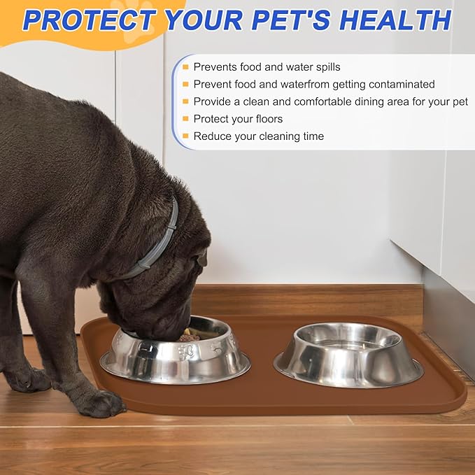 Silicone Pet Feeding Mat with Raised Edge for Food and Water, Dog Bowl Mats, Cat Bowls Placemat with High Lip for Floor Waterproof, Rubber Tray for Cats and Dogs 22 x 14 x0.8 Brown