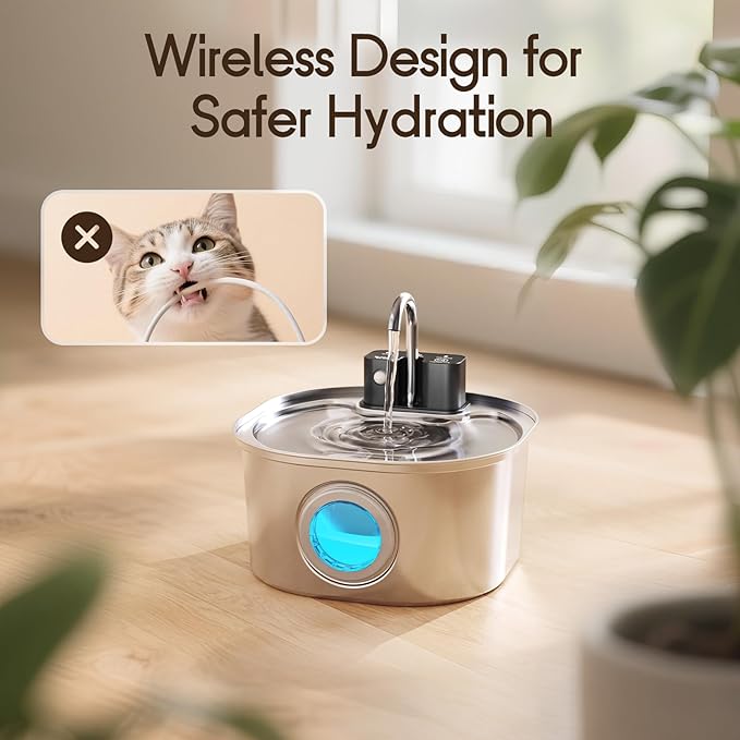 Voluas Stainless Steel Cat Water Fountain-Wireless Pet Water Fountain Battery Operated,108oz/3.2L, Automatic Water Dispenser for Dogs with Quiet Pump,Easy Clean BPA-Free for Cats, Dogs, Multiple Pets