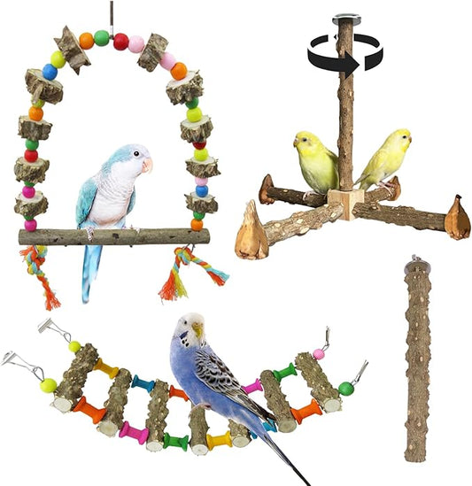 Parrot Cage Accessories-Pure Wood Parrot Perches Toys,Climbing Ladder,Bird Rotating Perch,Bird Swing,Suitable for Parakeet,Conure,Cockatiel,Mynah,Love Birds Finches