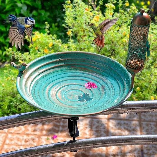 DREAMSOUL 13 Inches Deck Bird Bath, Metal Bird Bath Bowl Unheated with Clamp Detachable, Bird Baths for Outdoors Railing Balcony Garden Decor