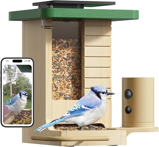 Birdfy Smart Bird Feeder with Camera Solar Powered, Night Insight & Slow-Motion Video for Outdoors & Backyard Birds Watching, AI Identify 6000+ Species by Subscription, Wood