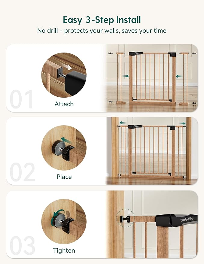Babelio 29-48" Metal Baby Gate with Brown Wood Pattern, Auto Close Dog Gate PressGuard P7 for The House, Stairs and Doorways, Pressure Mounted Pet Gate with Door, Safety Gate for Child and Pets