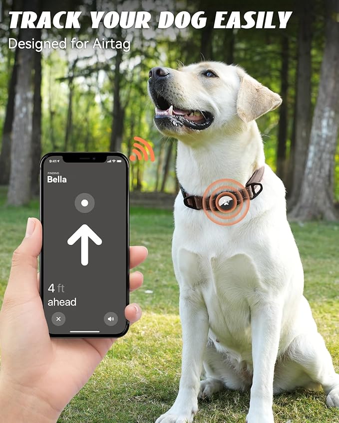 Joytale Airtag Dog Collar, Reflective Pet Collar with Waterproof AirTag Holder, Dual D-Rings, Soft Padded Adjustable for Medium Dogs, Brown, M