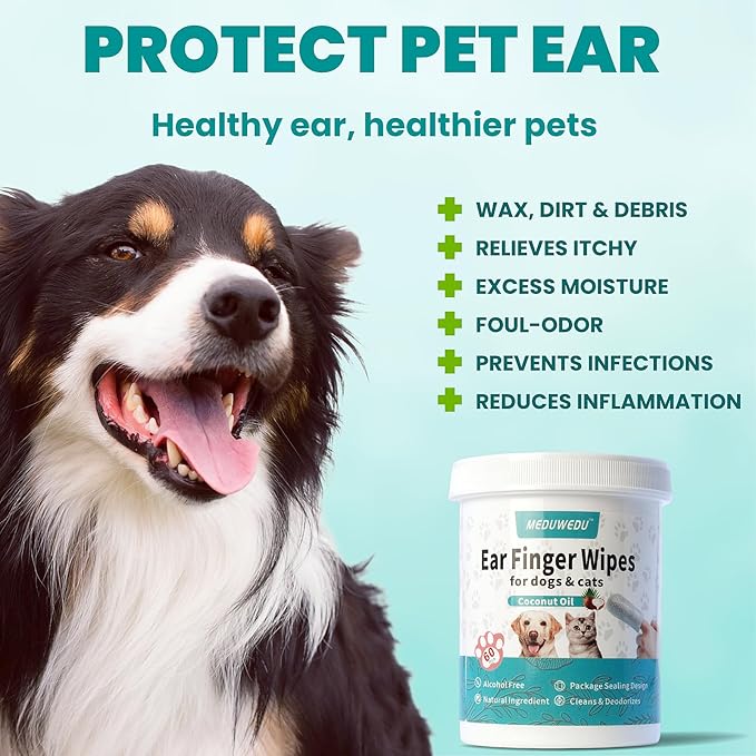 Ear Cleaner Finger Wipes 120 Counts, Dog Ear Cleaner, Grooming Kit Care for Dogs and Cats, Soft & Easy Otic Cleaning Pads, Remove Wax, Dirt & Stop Smelly, Itchy, Non-Irritating, Coconut Scent