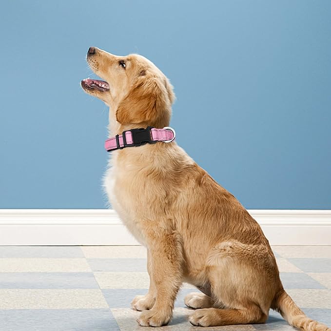 Reflective Dog Collar, Adjustable Soft Neoprene Padded Nylon Pet Collars with Buckle for Medium Dogs, Light Pink,M