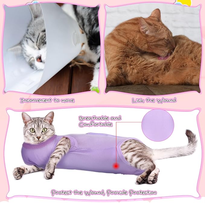 Nuanchu 3 Pieces Cat Recovery Suit Kitten Recovery Suit E-Collar Alternative for Cats and Dogs Abdominal Skin Anti Licking Pajama Clothes Sets(Solid Pattern,Large)