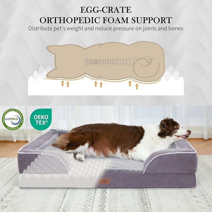 Comfort Expression Orthopedic Dog Bed for Extra Large Dogs 53x42 Inch, Waterproof Supportive Egg Crate Foam XXL Pet Bed with Removable Bolsters, Dog Couch with Washable Cover & Non-Slip Bottom, Purple