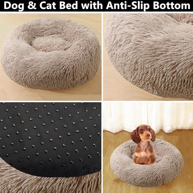 Calming Dog & Cat Bed, 24 Inch Anti-Anxiety Donut Cuddler Cat Bed with Anti-Slip Bottom, Washable Round Fluffy Pet Bed for Small Medium Dogs and Cats (Coffee White)