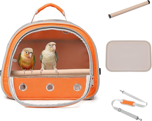 Bird Carrier,Bird Cage Parakeet Parrot Budgie Carrier Backpack for Small Birds, Travel Bird Cages with Perch, Transparent Ventilation Cockatiels, Lightweight Pet Carrier for Outdoor Use(Orange)