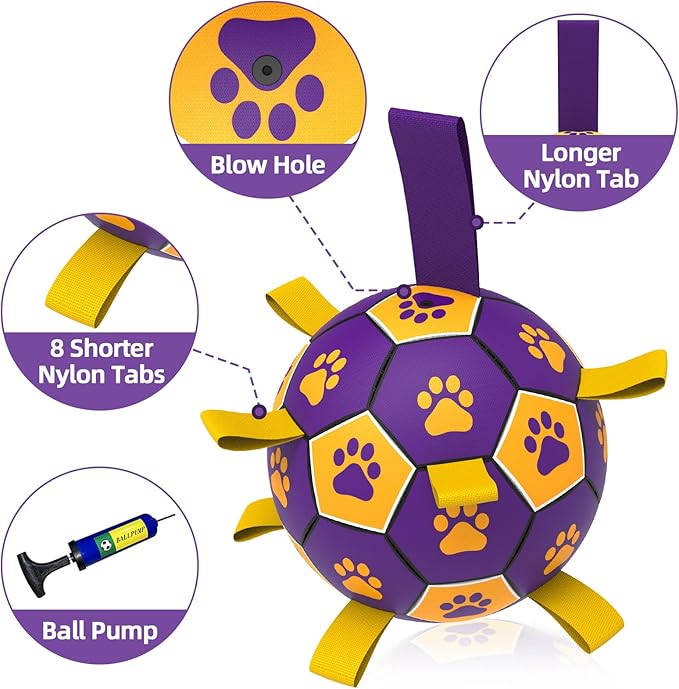 QDAN Dog Ropes Toys, Soccer Ball with Straps, Interactive Dog Toys for Tug of War, Dog Water Toy, Durable Balls for Medium Large Dogs（8 Inch）
