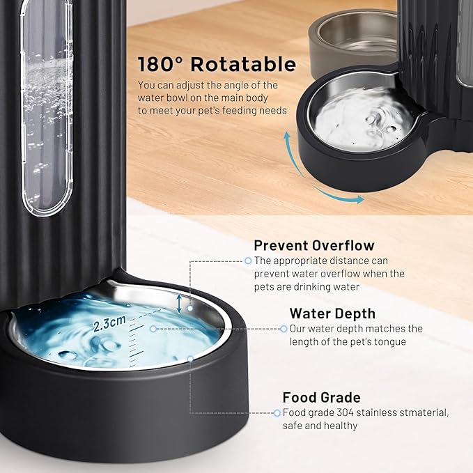 Gravity Cat Feeder and Water Dispenser with 304 Stainless Steel Bowls, 2 in 1 Automatic Cat Feeder with 180 Degree Rotatable Water Bowl, Large Capacity for Puppy Kitten Rabbits, Black